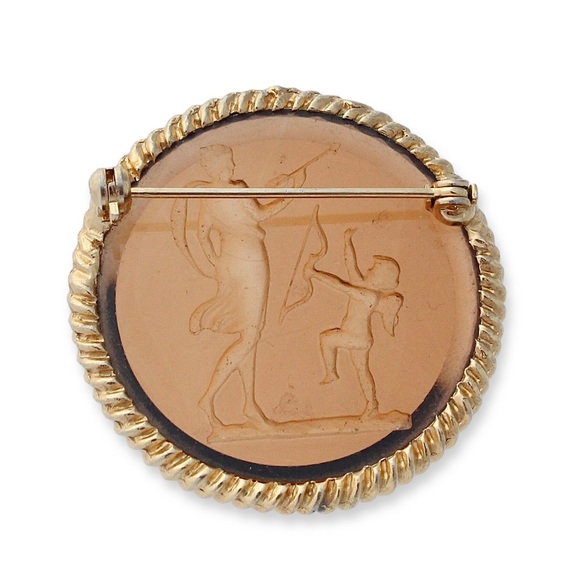 Vintage Venus & Cupid Reverse Intaglio Brooch Brown Amber Glass Mythology Pin - Picture 4 of 4